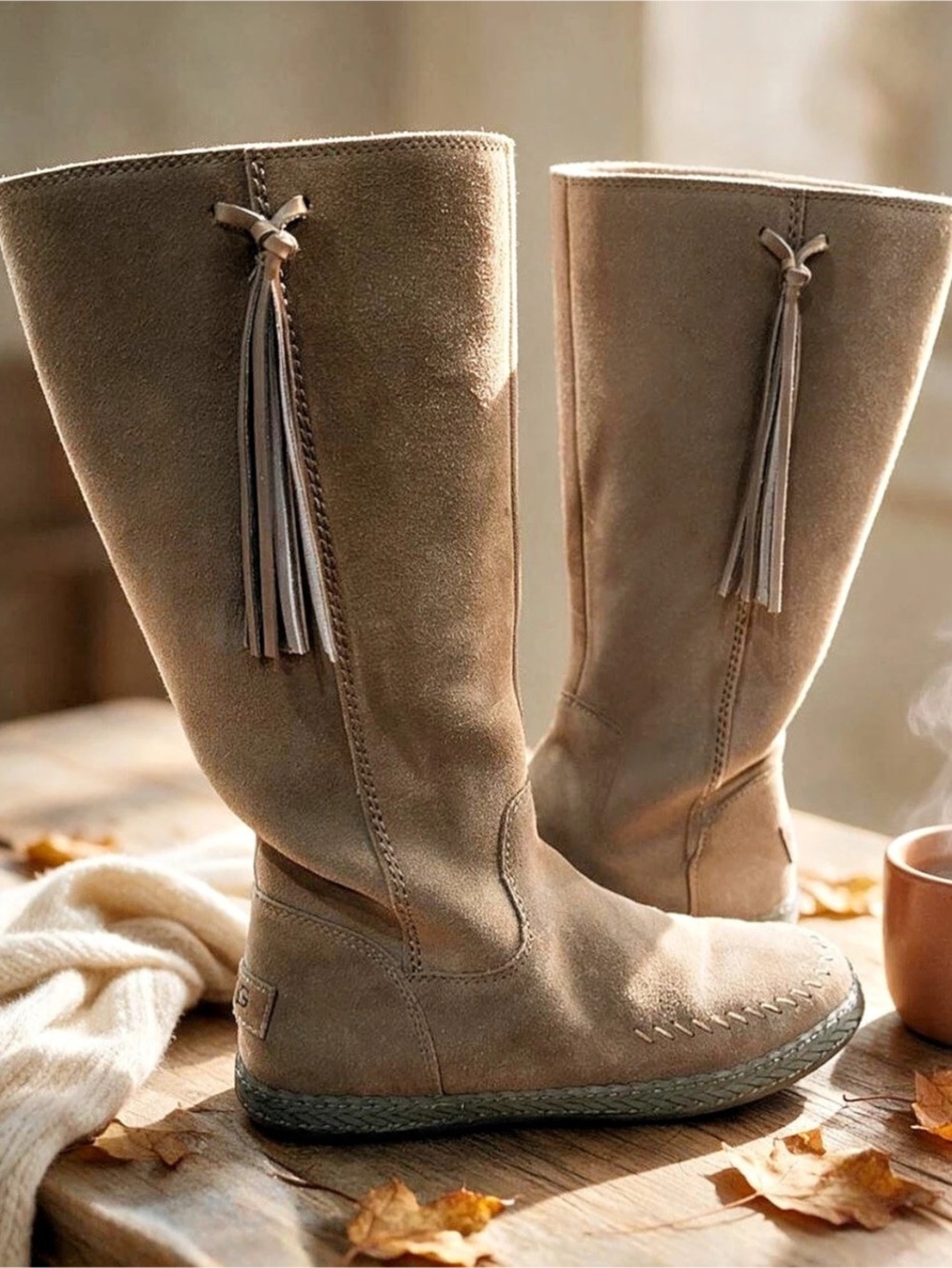 UGG Kelleen Tall Suede Tassel Boots Taupe Brown Moccasin Mid Calf Womens 7.5